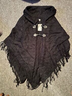 Black Fringe Toggle Poncho